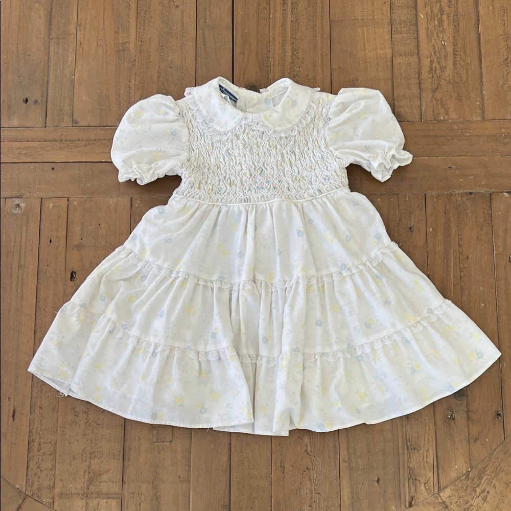 Polly flinders vintage Smocked floral dress 3T yellow blue lace ruffles